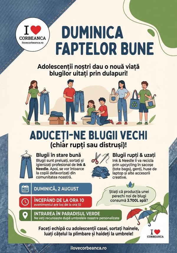 Afișul campaniei de colectare blugi, 2 august 2026.