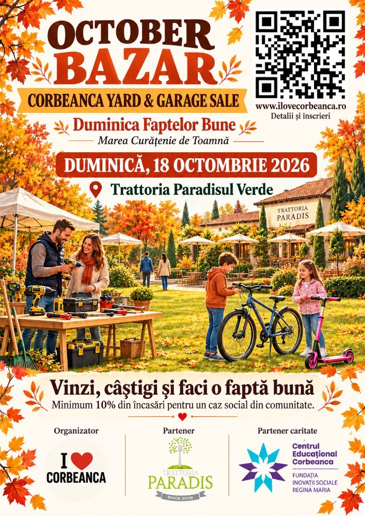 Afiș October Bazar, yard and garage sale: duminică, 18 octombrie 2026, Trattoria Paradisul Verde, Corbeanca.