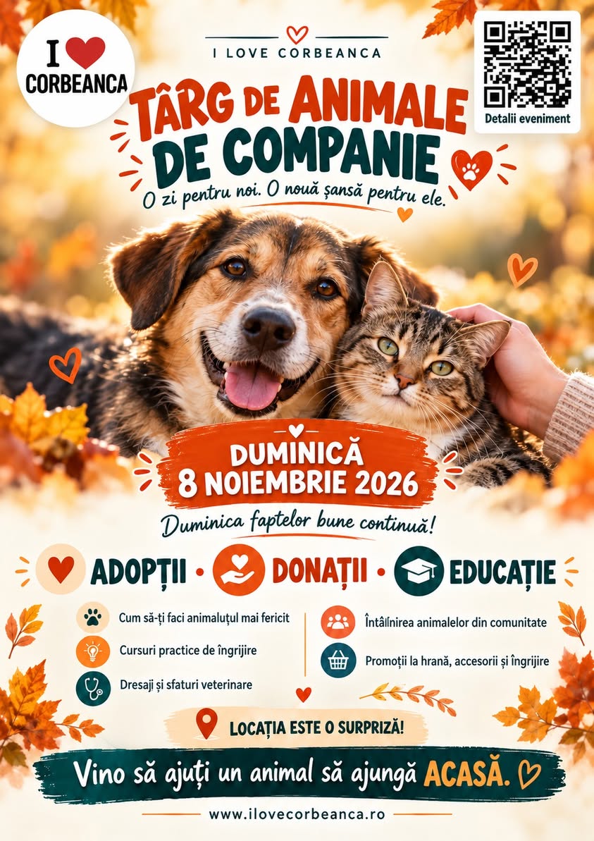 Afiș: Corbeanca își deschide inima — târg de animale de companie, 8 noiembrie 2026.